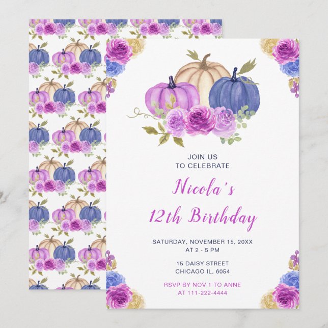 Purple and Navy Blue Floral Pumpkins Birthday Invitation (Front/Back)