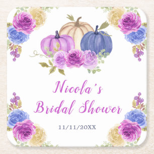 Purple and Navy Blue Floral Pumpkins Bridal Shower Square Paper Coaster