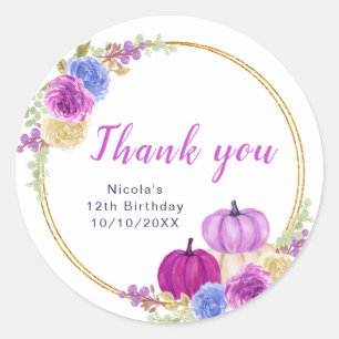 Purple and Navy Pumpkins Birthday Thank You Classic Round Sticker
