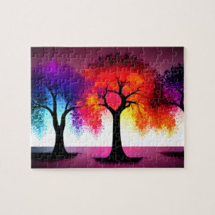 Purple and Orange Autumn Silhouette Trees Jigsaw Puzzle