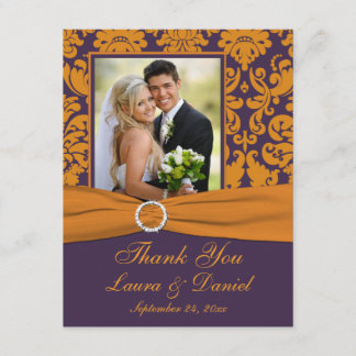Purple and Orange Damask Photo Thank You Card