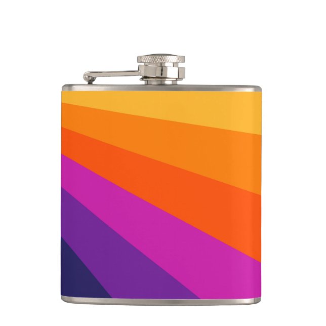 Purple and orange diagonal retro stripes hip flask (Front)