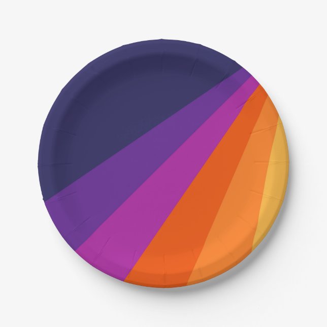 Purple and orange diagonal retro stripes paper plate (Front)