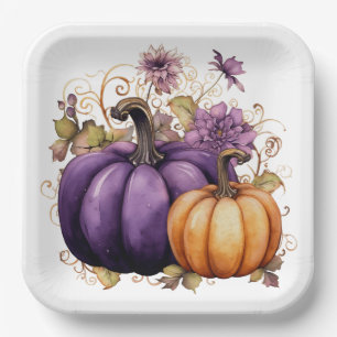 PURPLE AND ORANGE FALL AUTUMN PUMPKINS PAPER PLATE