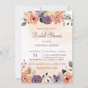 Purple and Orange Fall Floral Autumn Bridal Shower Invitation