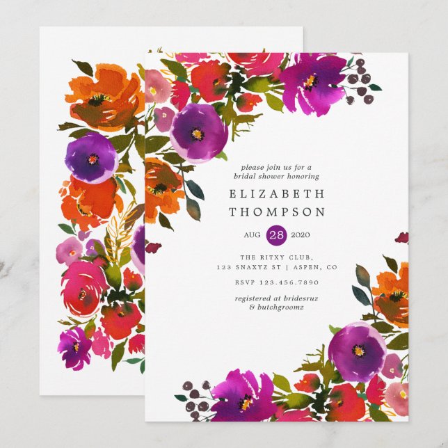 Purple and Orange Floral Bridal Shower Invitation (Front/Back)