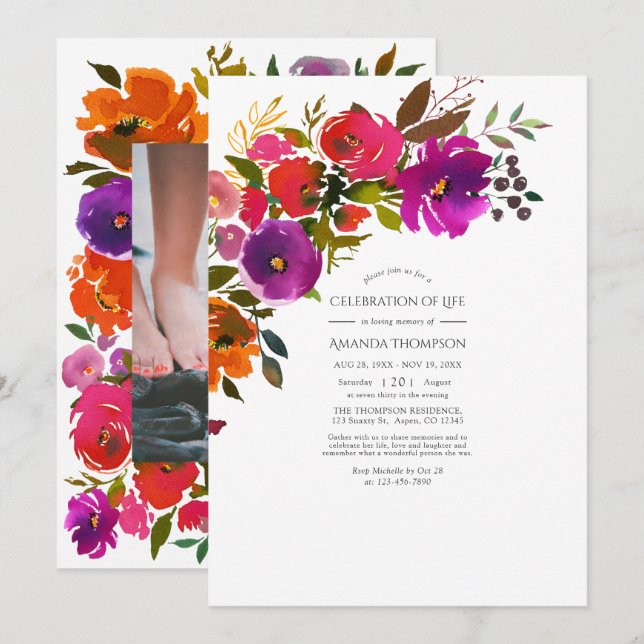 Purple and Orange Floral Celebration of Life Photo Invitation (Front/Back)