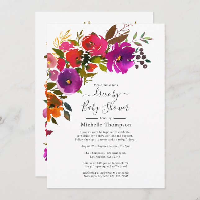 Purple and Orange Floral Drive By Shower Invitation (Front/Back)