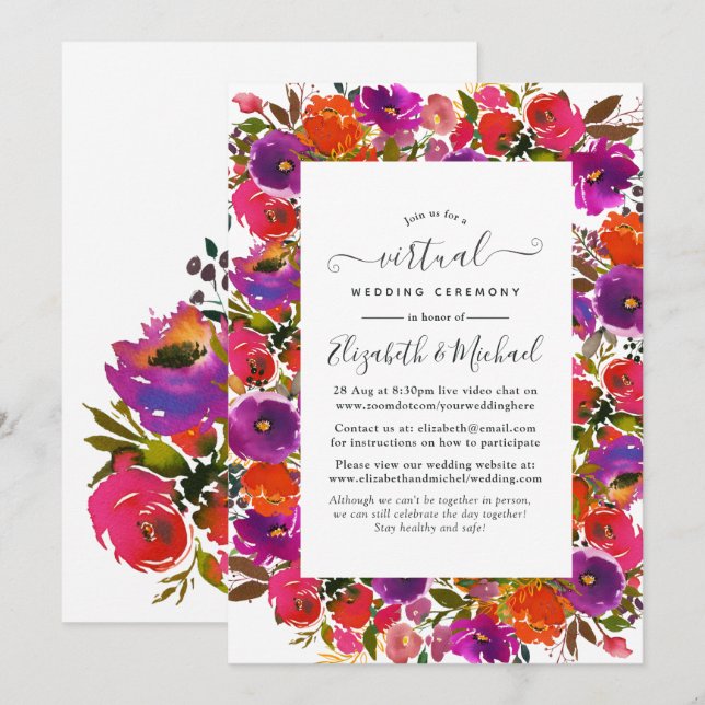 Purple and Orange Floral Online Virtual Wedding Invitation (Front/Back)