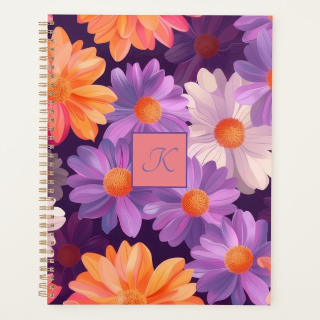 Purple and orange floral pattern with monogram  planner (Front)