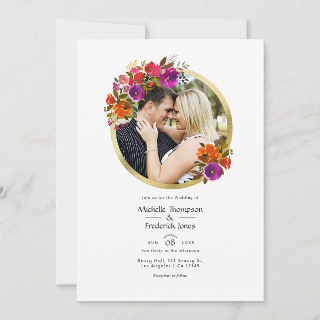 Purple and Orange Floral Wedding Photo Invitation (Front)