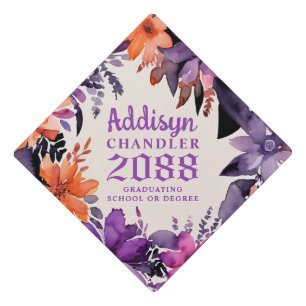 Purple and Orange Floral Wreath High School Colour Graduation Cap Topper