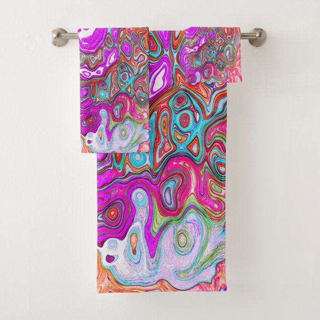Purple and Orange Groovy Abstract Retro Swirl Bath Towel Set (Insitu)