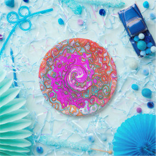 Purple and Orange Groovy Abstract Retro Swirl Paper Plate