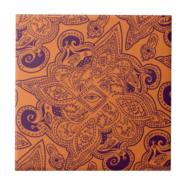 Purple and Orange Persian Mandala Star Pattern Tile (Front)