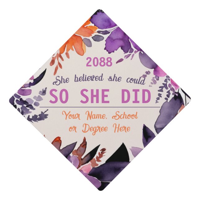 Purple and Orange School Colours Floral Wreath  Graduation Cap Topper (Front)