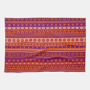 Purple and Orange Stripy Stars and Spots Pattern Kitchen Towel