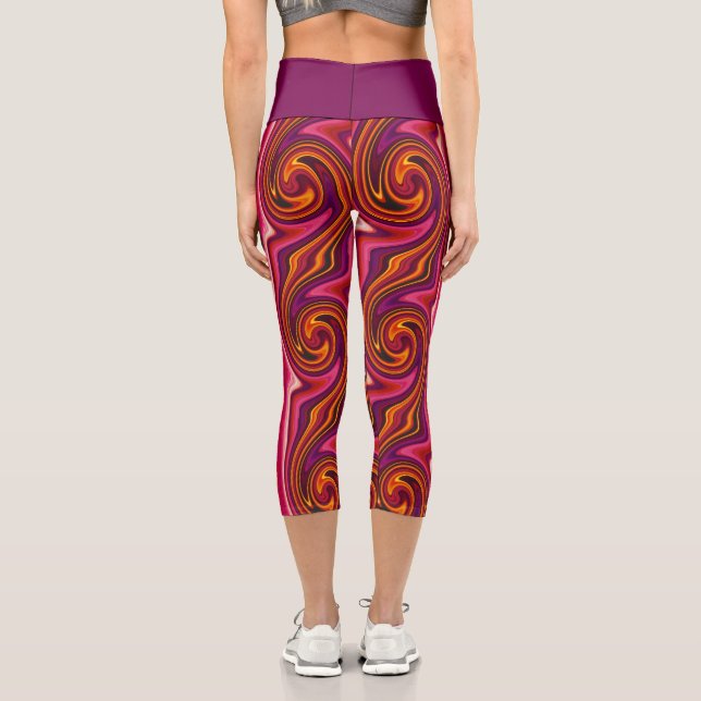 Purple and Orange Swirl Cool Abstract Psychedelic Capri Leggings (Back)