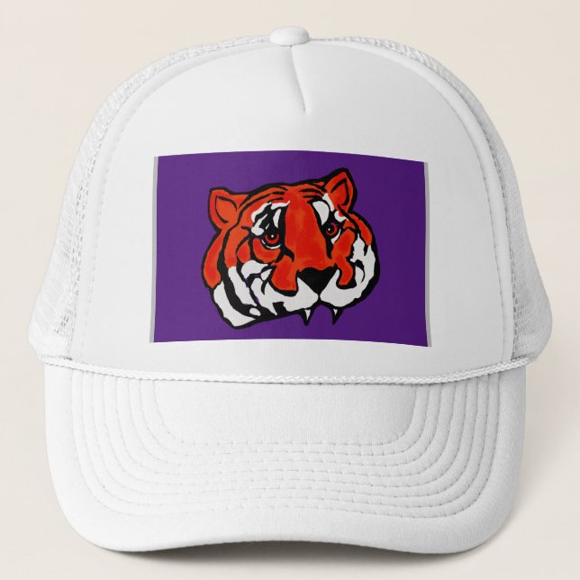 PURPLE AND ORANGE TIGER  TRUCKER HAT (Front)
