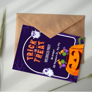 Purple And Orange Trick Or Treat Halloween Party  Invitation