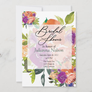 Purple and orange watercolor floral  invitation