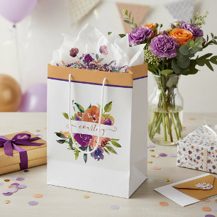 Purple and orange watercolor floral personalized  medium gift bag