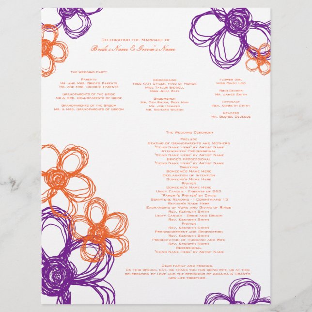 Purple and Orange Wild Flowers Wedding Program (Front)