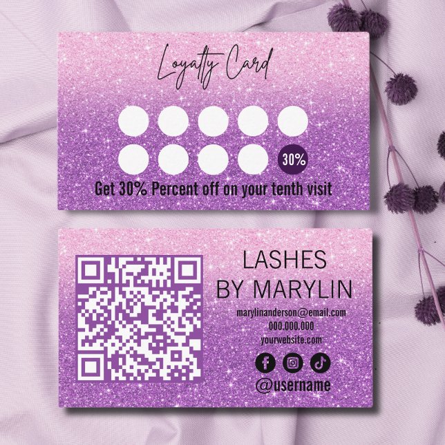 Purple and Pastel Pink Glitter Ombre Lash Tech Loyalty Card (Creator Uploaded)