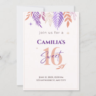 Purple and Peach Botanical Sweet 16 Invitation