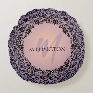 Purple and Peach Damask Monogram Round Pillow