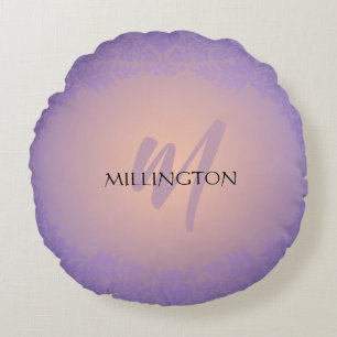 Purple and Peach Damask Monogram Round Pillow