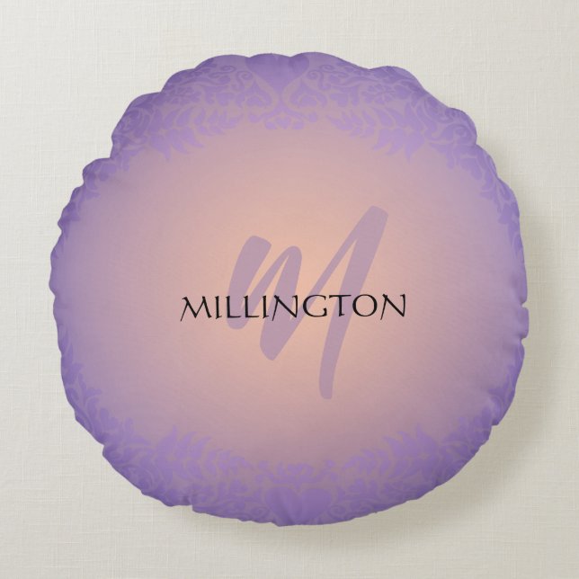 Purple and Peach Damask Monogram Round Pillow (Front)