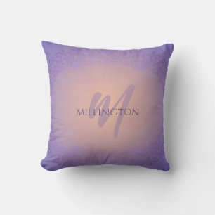 Purple and Peach Damask Monogram Throw Pillow