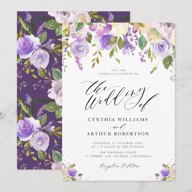purple and peach watercolor floral wedding invitation (Front/Back)