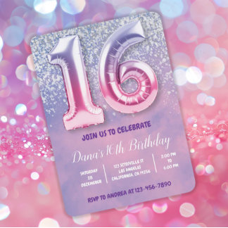 Purple and Pink 16th Birthday Balloon  Invitation