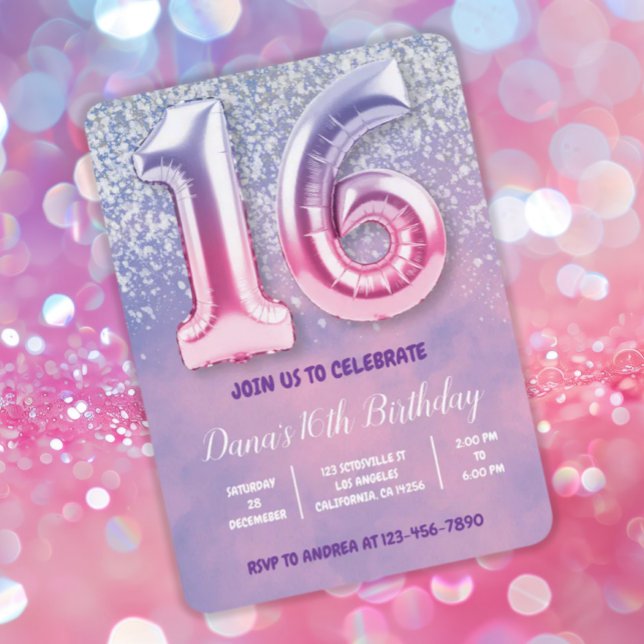 Purple and Pink 16th Birthday Balloon  Invitation (Creator Uploaded)