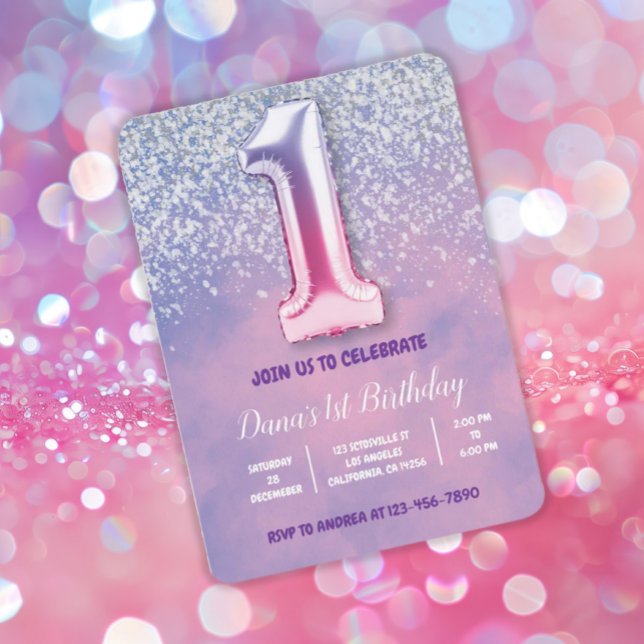 Purple and Pink 1st Birthday Balloon  Invitation (Creator Uploaded)