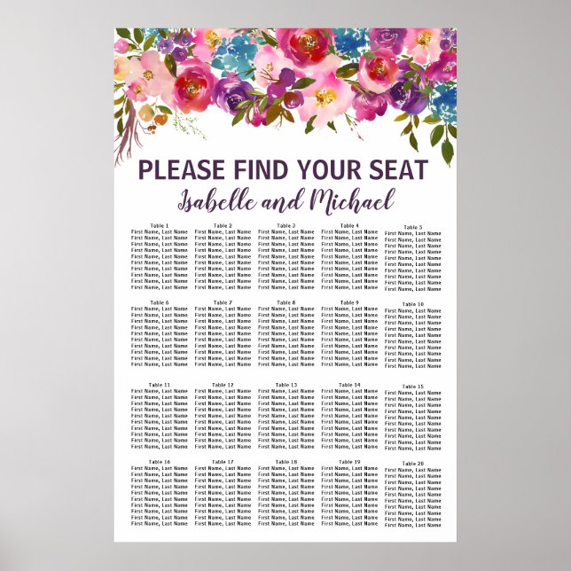 Purple and Pink 20-Table Wedding Seating Chart (Front)