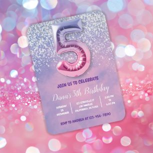Purple and Pink 5th Birthday Balloon  Invitation