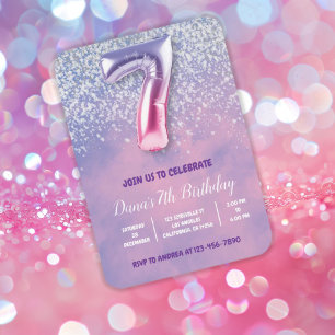 Purple and Pink 7th Birthday Balloon  Invitation