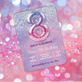 Purple and Pink 8th Birthday Balloon  Invitation