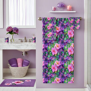 Purple and pink botanical floral pattern bath towel set
