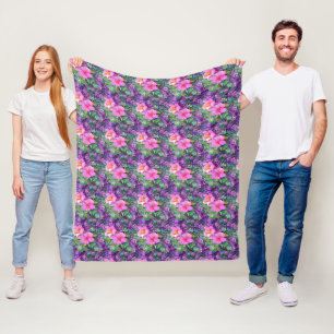Purple and pink botanical floral pattern fleece blanket