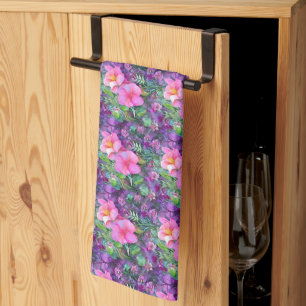 Purple and pink botanical floral pattern kitchen towel
