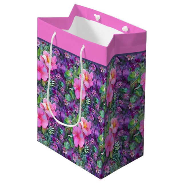 Purple and pink botanical floral pattern  medium g gift bag (Front Angled)