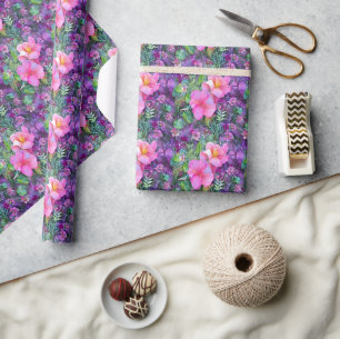 Purple and pink botanical floral pattern wrapping paper