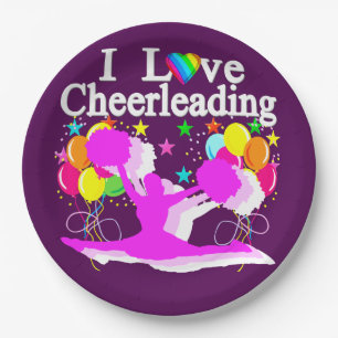 PURPLE AND PINK CHEERLEADING PAPER PLATES