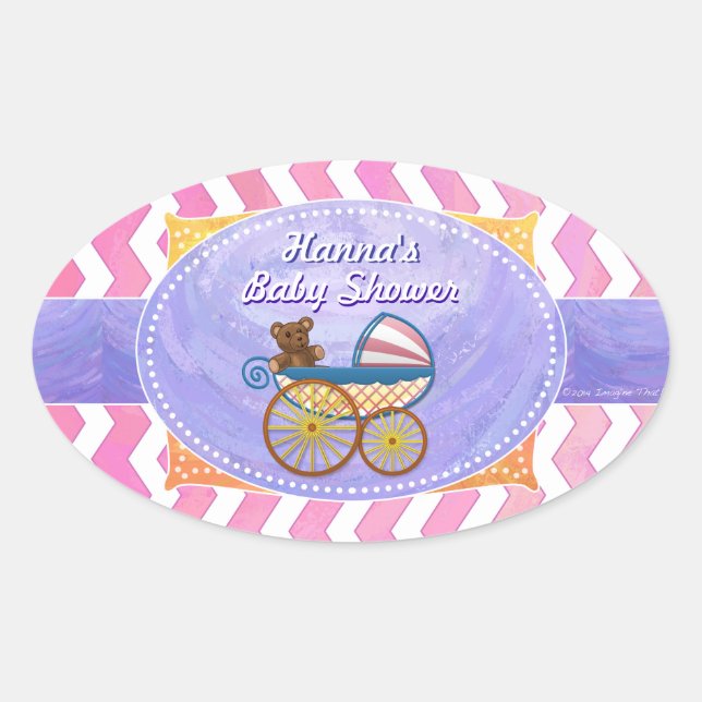 Purple and Pink Chevron Custom Baby Shower Oval Sticker (Front)