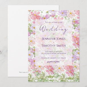 purple and pink cosmos flowers watercolour  invitation