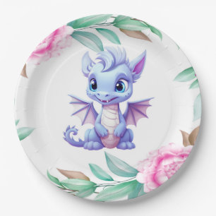 Purple and Pink Dragon Peony Girl Baby Shower Paper Plate